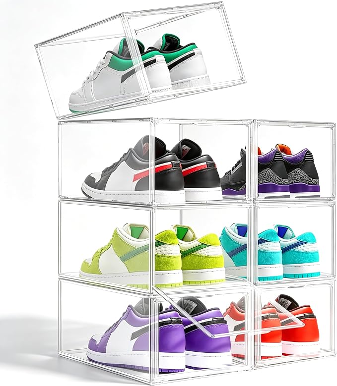 1 Pack Clear Shoe Boxes with Acrylic Drop Front Magnetic Door, Size 12 | Stackable Shoe Organizer for Sneaker Collection, Space-Saving Plastic Shoe Storage Box for Closet, Entryway, Bedroom
