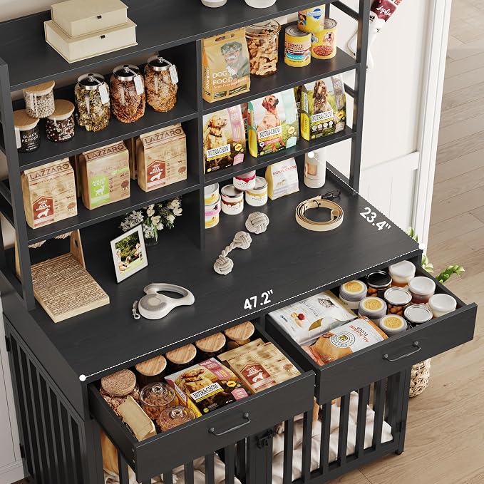 Keyluv 71''H x 47.2''W Large Dog Crate Furniture with 4-Tier Shelves and 2 Storage Drawers, Heavy Duty Dog Cage Furniture with 2 Doors, Wood & Metal Dog Kennel Indoor for Small/Medium/Large Dog, Black