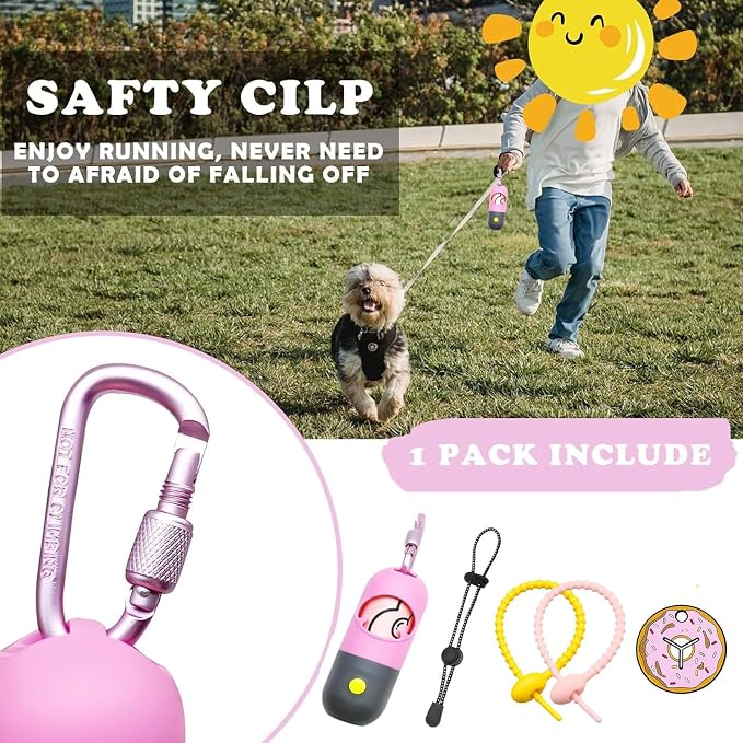 YUCHIYA Dog Poop Bag Holder Dispenser with LED Flashlight(Pink) | 100ft Ultra-Bright LED|Glow-in-the-Dark Avacado Clip|Metal Carabiner&Silicone Tether|15 Leak-Proof Scented Waste Bags