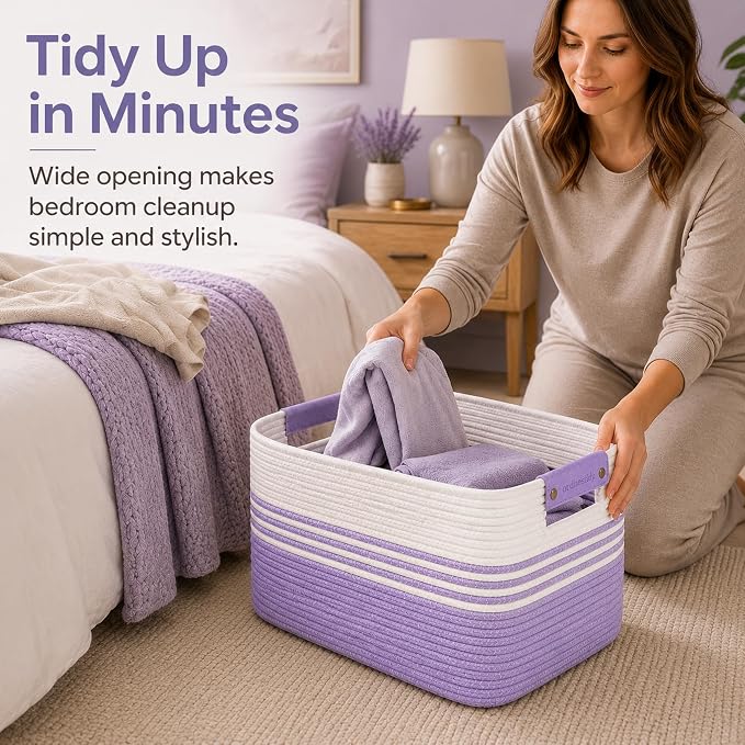 22.8GAL Xl Extra Large Laundry Basket for Bathroom, Dorm Dirty Clothes, Sturdy Portable Aesthetic Boho Cute Woven Storage Shoes Blanket Baskets for Living Room Decor Girls Boys Pets Toys White Purple