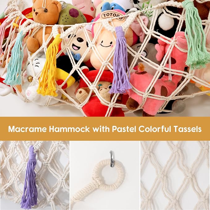Stuffed Animal Net or Hammock, Large Stuffed Animal Storage Macrame Toy Hammock Hanging Corner Net for Stuffed Animals, Plushie Net Hammock with Star Lights for Boho Kids Room Nursery Playroom Decor