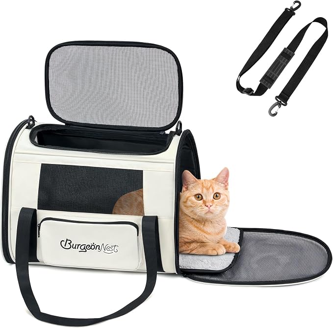 BurgeonNest Cat Carrier Soft, Collapsible Travel Pet Bag, Small Dogs | Large Cats up to 20 lbs with Unique Side Bag, Top Load Small Pet Crate Escape Proof with 4 Ventilated Windows, Medium Beige