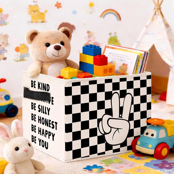 Checkered Storage Bin, Foldable Fabric Basket for Kids Room Nursery | Foldable fabric storage bin with positive quote design for toys, books, clothes, nursery, bedroom, and playroom use.