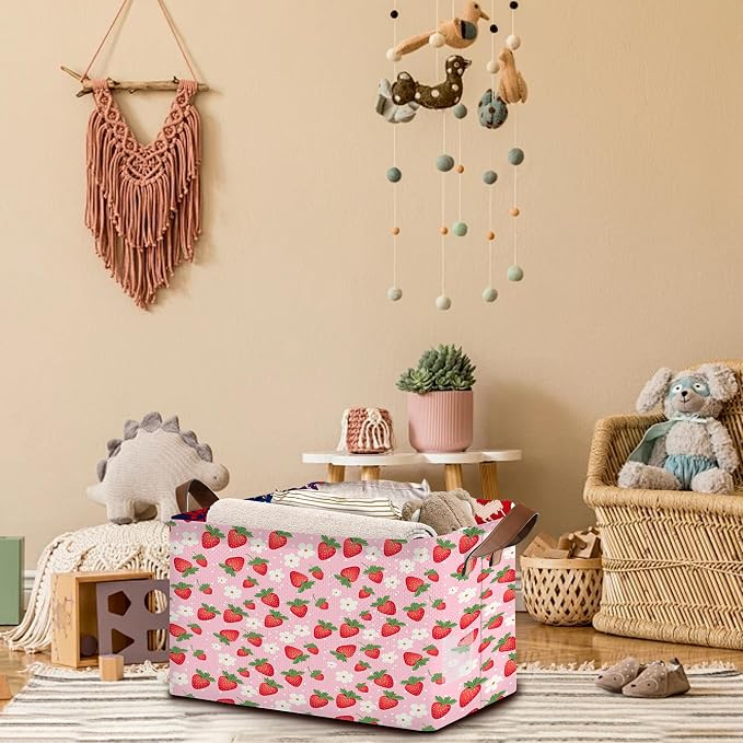 Pink Strawberry Collapsible Storage Bin - 17x11.5x10.5 Inch Foldable Organizer Basket for Nursery, Kids Room,Kitchen, Pantry, Home Decor - Single Pack No Lid Space-Saving