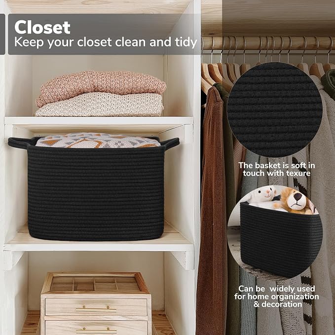 Goodpick Woven Storage Basket for Shelves, 13" x 10" x 9", Black | Stylish Gift Basket for Home Decor, Cotton Rope Baskets for Books, Toys & Towels Storage, Living Room & Bedroom Organization