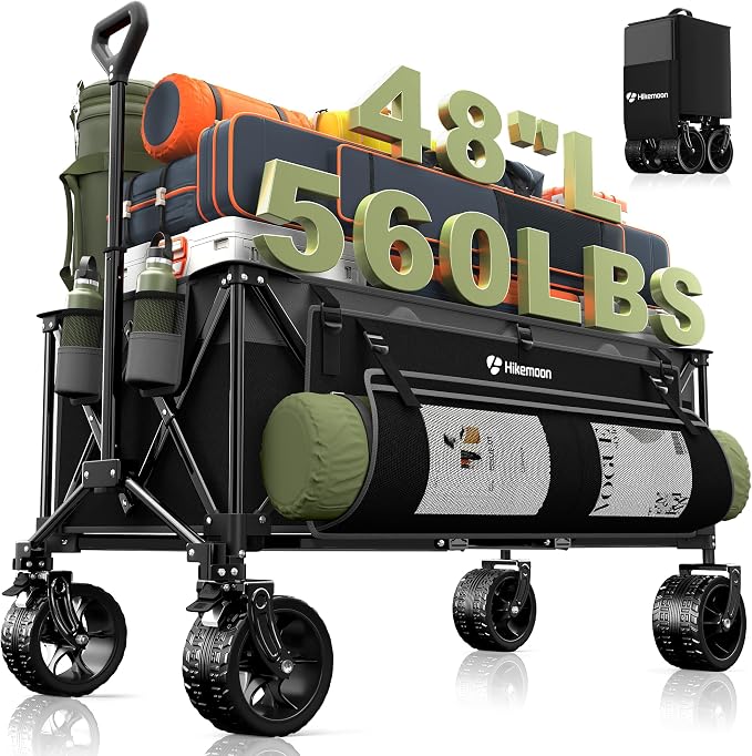 48'' Extra Large Collapsible Wagon, Big Wheels, 300L Grey & Black | 560LBS Heavy Duty, Wagons Carts Foldable, All-Terrain, Brakes, Folding Cart, Utility for Beach/Camping/Garden/Sports/Grocery