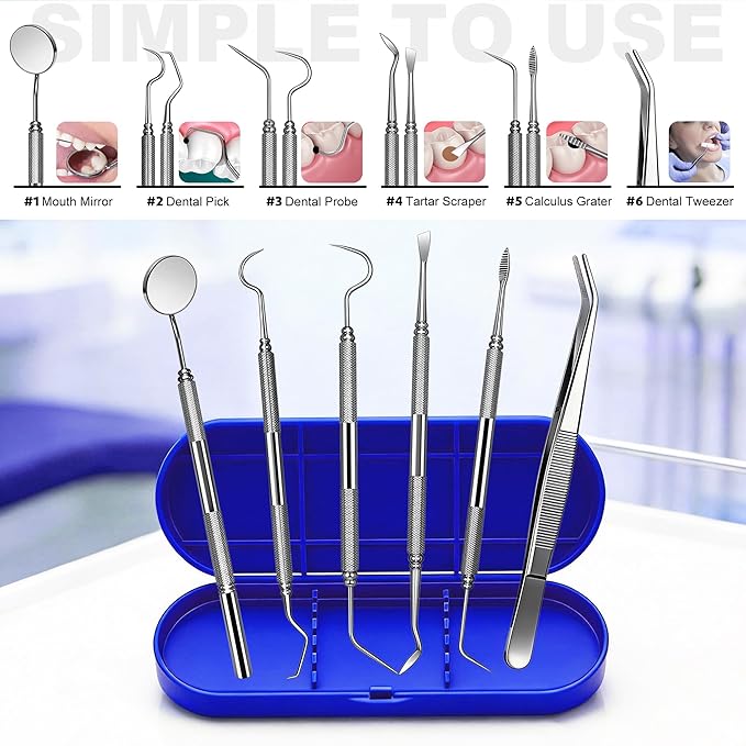 Dental Tools Plaque Remover Teeth Cleaning Tool﻿s Kit 6 Pcs Dental Care Kit Stainless Steel Dental Pick Tartar Remover Tool for Home/Travel/Pet Care-Storage Case Included