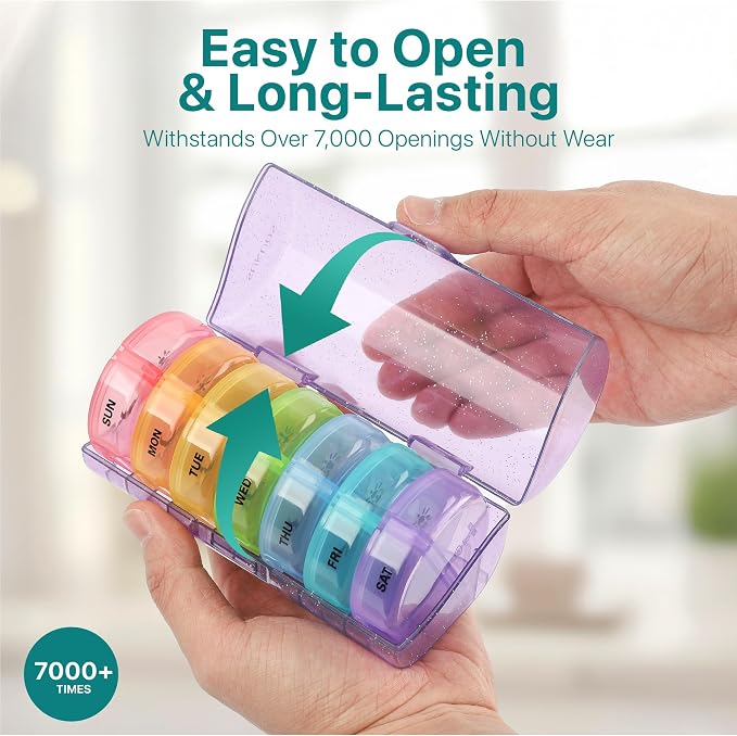 Sukuos Weekly Pill Organizer 7 Day 2 Times a Day, Large Daily Pill Box Easy to Open, Portable AM PM Pill Case for Medicine/Vitamin/Fish Oil/Supplements (Glitter Purple)