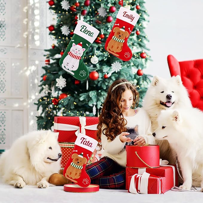 Personalized Christmas Stockings for Dogs Cats, Custom Pet Christmas Stockings with Embroidered Name, Red Green Dogs Cat Xmas Stockings for Holiday Decoration (3 Pcs)