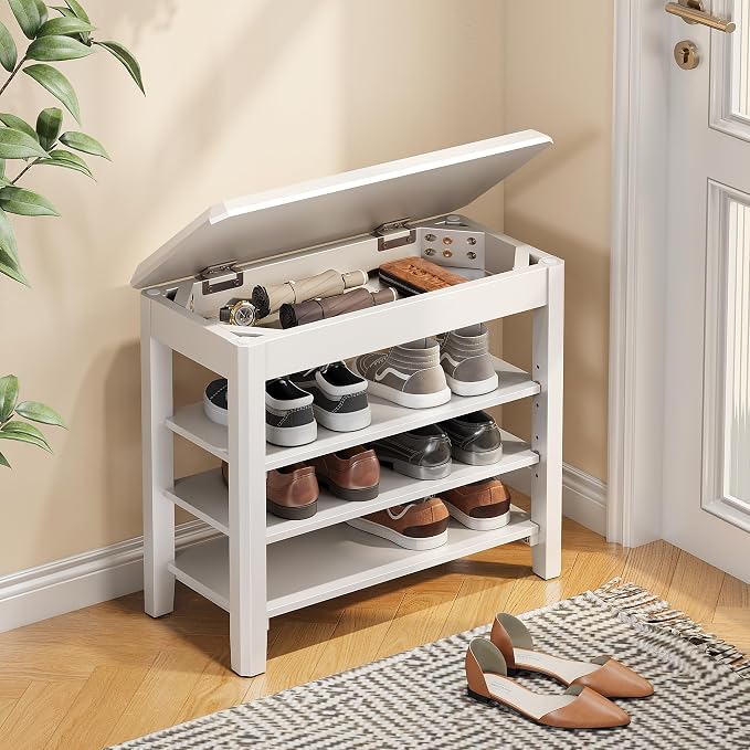 IUNVR Shoe Rack Bench Seat Rubberwood 3-Tier Wooden Storage Bench 550lbs Compact Mid-Century Modern Design for Entryway, Hallway, Closet, Front Door Entrance, Foyer