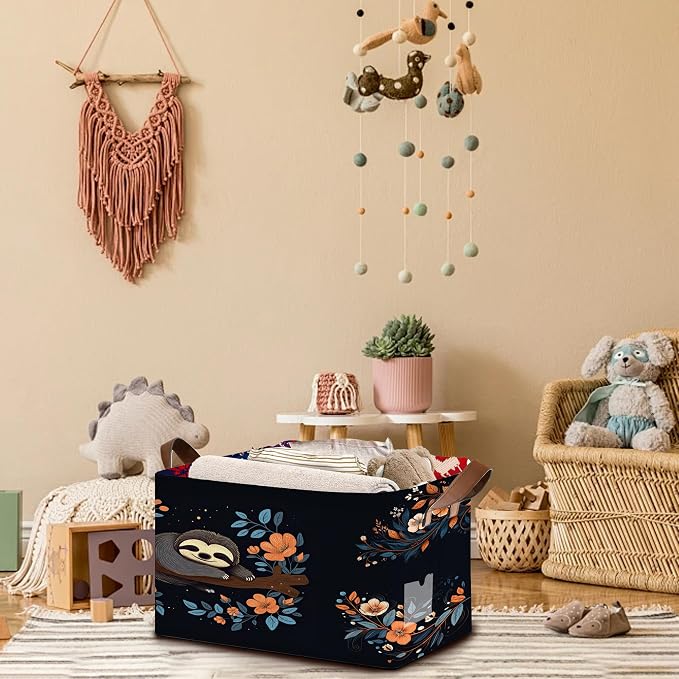 Sloth Flower Pattern Collapsible Box - 17x11.5x10.5 Inch Foldable Storage for Home Decor, Kids Room,Nursery, Closet - Space-Saving Single Pack