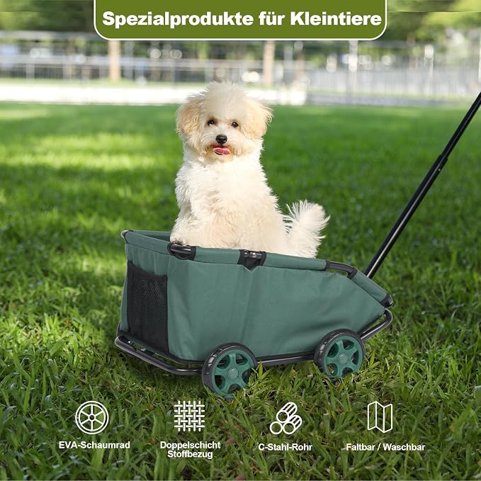 Mini Dog Strollers for Mini Pets, Foldable Multifunctional Shopping Carts with Extendable Pull Handle, Doggie Wagon Built-in Cushion and Safety Rope with Storage Bag (Dark Green)