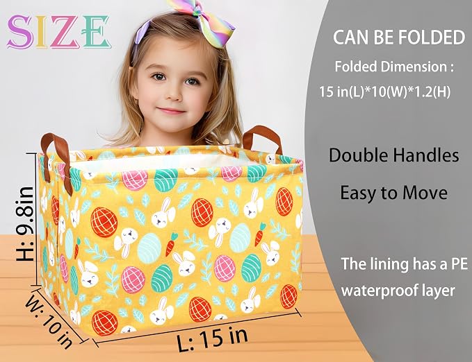 Large Rectangular Easter Baskets Empty Waterproof Boy Toy Box Foldable Kid's Gifts Storage Bin Spring Room Decor(Yellow Leaf Rabbit Egg)