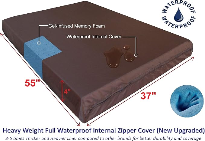 Dogbed4less Orthopedic Memory Foam Pet Bed for Large Dogs with Durable Black Canvas Cover, Waterproof Liner and Extra Brown Microsuede Antislip Duvet, Gel Cooling XXL 55X37X4 Pad