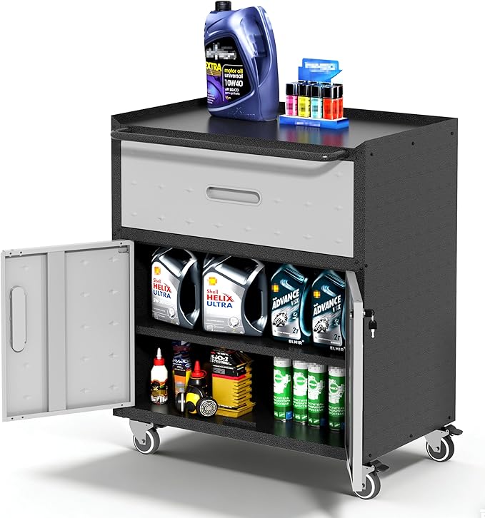 Garage Cabinets,Metal Garage Storage Cabinet with Wheels,Lockable Rolling Tool Cabinet with Drawer and Adjustable Shelves,Heavy Duty Tools Cabinet for Home Office Utility Room,Black/Grey