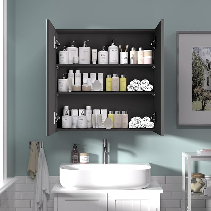 24x24 inch Bathroom Wall Cabinet, Saver Storage Cabinet, Medicine Cabinet with 2 Door and Adjustable Shelves, Black（Assembly Required）