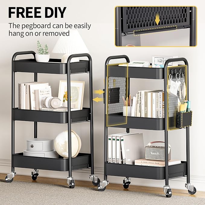 TOOLF 3 Tier Rolling Cart, Metal Utility Storage Cart with Pegboard, Black | 2 Bins & 4 Hooks, Screwless Assembly, Lockable Wheels, Trolley Organizer for Bathroom, Kitchen, Office, Dorm, Craft Room