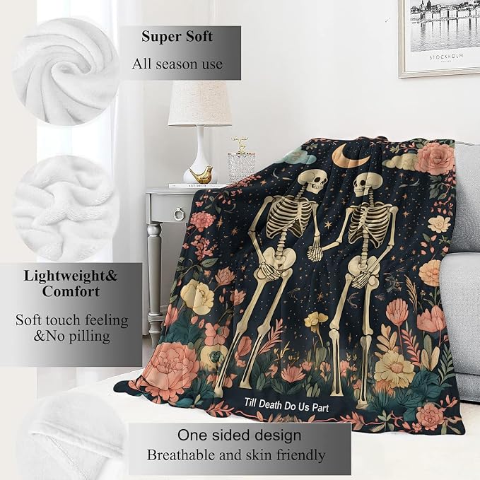 Gothic Skull Blanket Skeleton Romantic Throw Blankets with Flowers & Crescent Moon,Birthday Gifts for Kids Adult,Lightweight Soft Fleece,for Sofa Couch Bed Room Goth Halloween Decor 50x60in