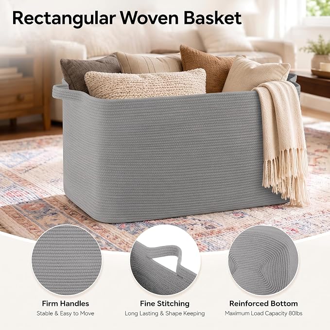 OIASKET 108L Extra Large Blanket Basket Living Room, 24.8" x 16.2" x 16.2" | Rectangle Woven Laundry Hamper, Nursery Blanket Storage Living Room, Toy Storage With Handle, Large Baskets for Organizing