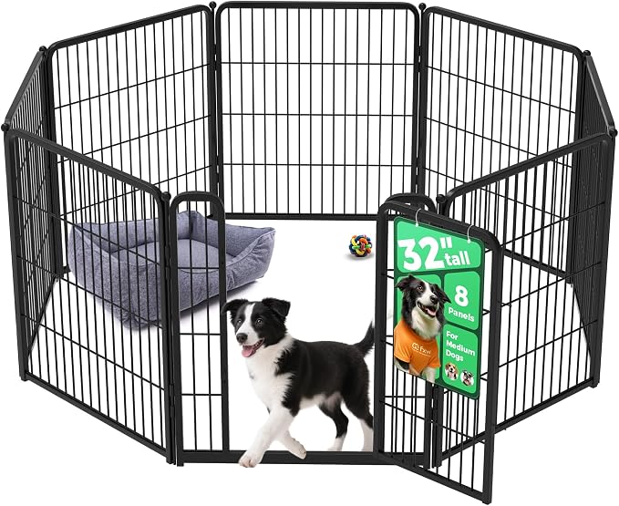 FXW Homeplus Indoor Dog Playpen, 32" H, 8 Panels, for Small & Medium Dogs | Stress-free play, Heavy-duty, Semi-open design, Easy setup, Threshold-free gate, Expandable, Patented