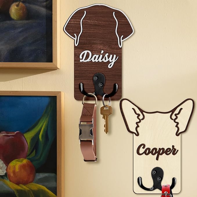Personalized Dog Leash Holder, Custom Dog Ear Harness Wall Hanger Organizer with Name, Decorative Hooks for Leashes, Keys, Collars, Leash Rack Wall Mount for Entryway, Hallway, Gift for Pet Lovers