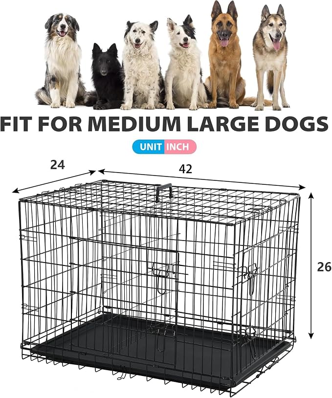 BestPet | 42" Dog Crate | Black | Foldable Metal Kennel with Single Doors, Secure Slide-Bolt Latches, Leakproof Tray | Portable Dog Cage for Large Breeds | for Travel, Indoor & Outdoor Use