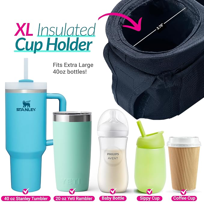 Swanoo Stroller Caddy Organizer, Cup Holder, Wipes Pocket, Non-Slip, Black