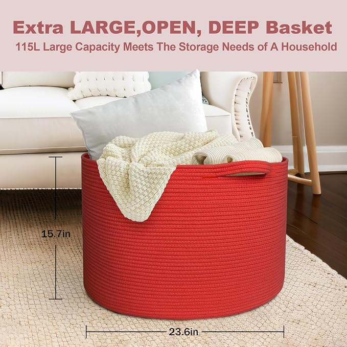 115L Extra Large Red Basket for Organizing, 23.6"x15.7" Jumbo Woven Cotton Rope Bins for Blankets, Baby Nursery Laundry Basket, Kids Dog Toy Storage Box, Huge Red Living Room Decor Organizer