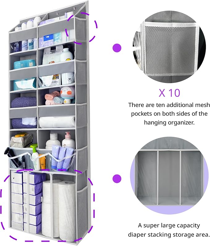 Extra Large Over The Door Organizer with Clear Pockets - 8 Compartments & XL Bottom Storage, Heavy-Duty Hanging Organizer for Bathroom, Bedroom, Closet (57 Inch Height).