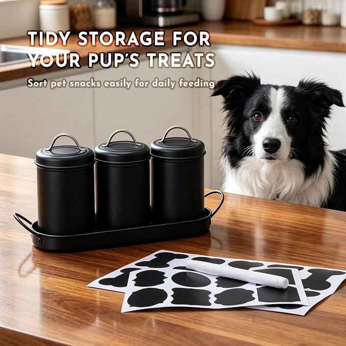 Dog Treat Container Airtight Set with Lid, 3 Dog Treat Jar with Tray | Metal Black Dog Food Storage Container with Labels & Marker, Dog & Cat Treat Holder, Easy Open Lid & Easy Carry Handles