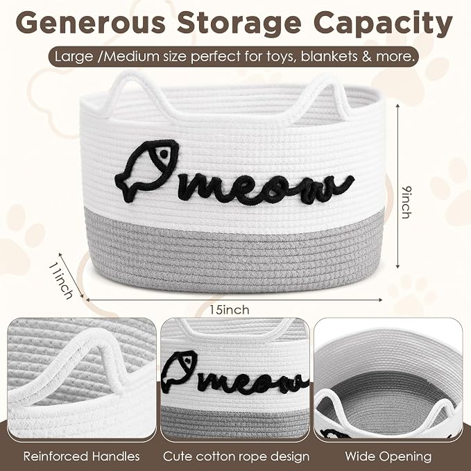 Cat Toy Basket with Cat Ear Handles, 15 x 11 x 9 in Woven Cats Toy Bin, Large Two-tone Cotton Rope Storage Box, Meow Words Organizer for Toys, Blankets, Home Decor (White, Gray)