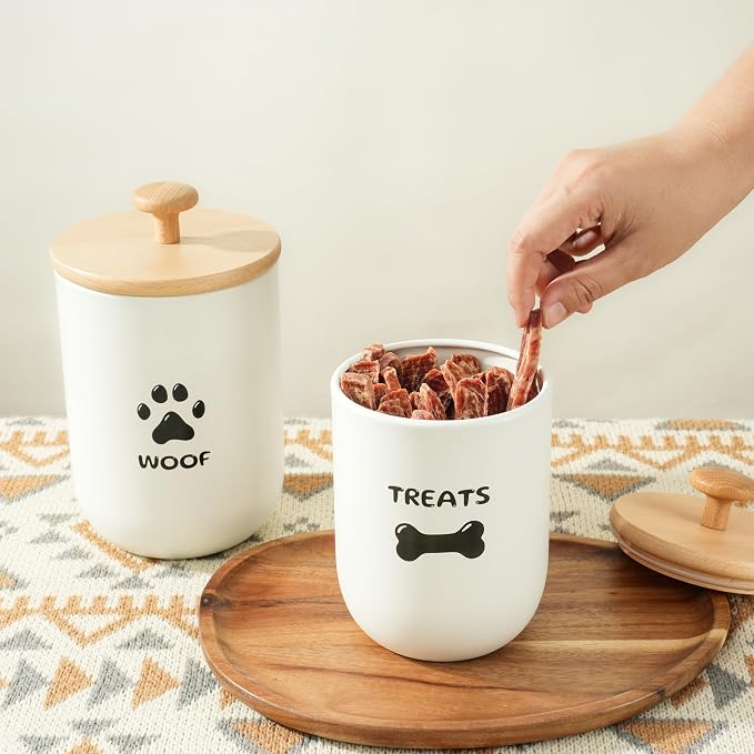 Dog Treat Container Set of 2, Dog treat jar with Airtight Lid, Small dog food container, Dog Cookie Jar for kitchen Counter, Treats Canister, Pet Treat Container 8.3x4.9 & 7.1x4.3 (White)