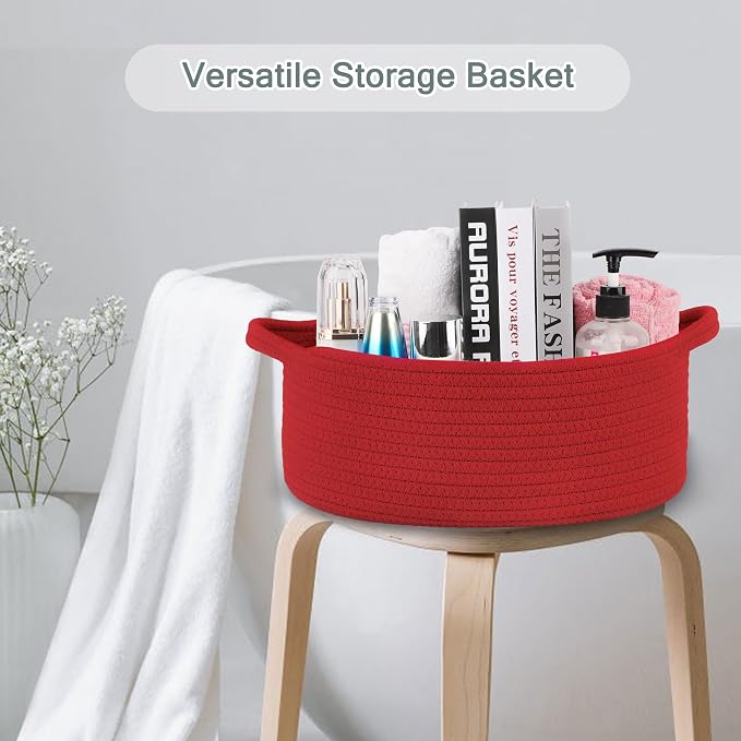 COMSE Empty Small Gift Basket with Bag & Ribbons, Red | Cotton Rope, 12"x 8"x 5", Baby Toy Organizer, Stores Small Items for Bedrooms, Nurseries, Bathrooms, Living Rooms, Offices