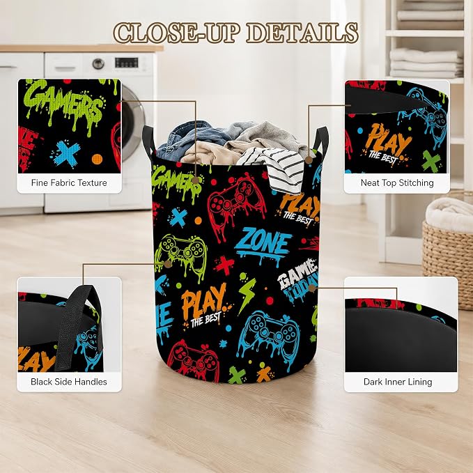 Gaming Zone Laundry Basket, Game Over Collapsible Laundry Hamper Waterproof Oxford Cloth With Handles, Clothes Storage Bucket For Bathroom/Bedroom 16" x 20.8"