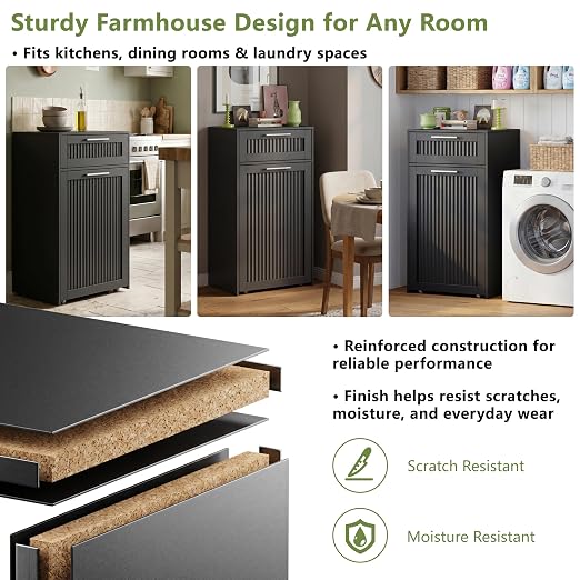 Single 13 Gallon Pull Out Trash Can Cabinet with Drawer, Garbage Cabinet | Pet Proof Hidden Trash Storage, Fluted Farmhouse Design, Space-Saving Kitchen Organizer, Dining Room Storage,Black