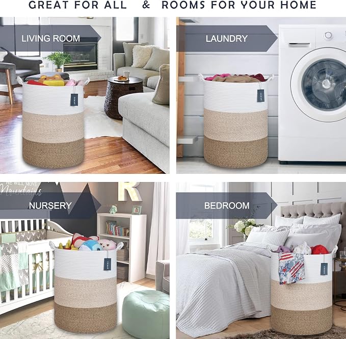 COMSE Tall Woven Blanket & Laundry Basket, 72L, White & Gradient Brown | 15.7”x 21.7”, Cotton Rope, Large Nursery Hamper for Storage of Toys Clothes Towels, Great for Living Rooms Bedrooms Bathrooms