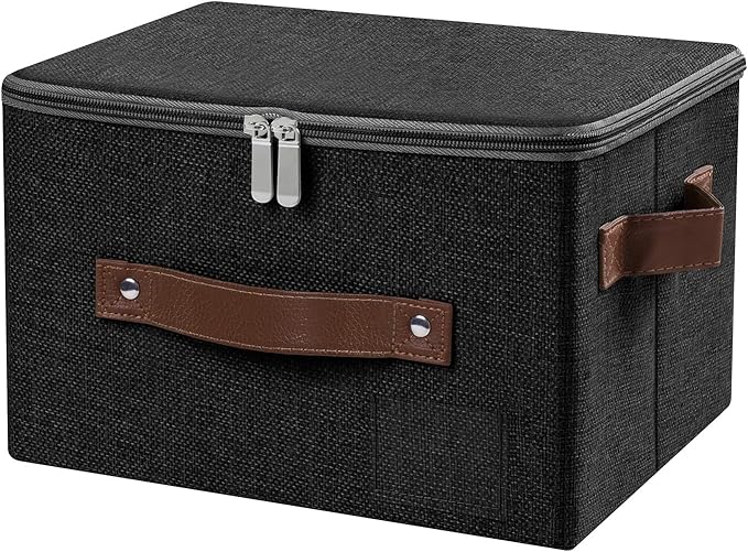 ANMINY Small Storage Box Fabric Bins with Zipper Lid, 10"x8"x7" Black | Keepsake Box, Decorative, Cotton Linen, Reinforced PP Board Frame, Washable, Stackable & Foldable, Label Holder & PU Handles