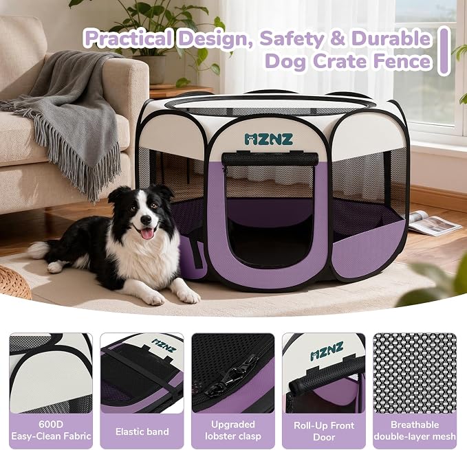 Dog Cat Small Animal Puppy Playpen Crate, Large, Purple | Portable Pop Up Pet Cage Enclosure Tent Kennel Indoor Outdoor with Carrying Case, No Assembly, Camping Use