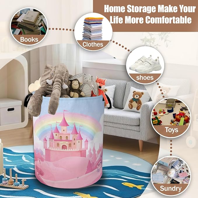 Pink Castle Laundry Basket,Waterproof Foldable Rainbow Laundry Hamper,Dirty Clothes Laundry Basket,Linen Bin Storage Organizer Collection 16" x 20.8"