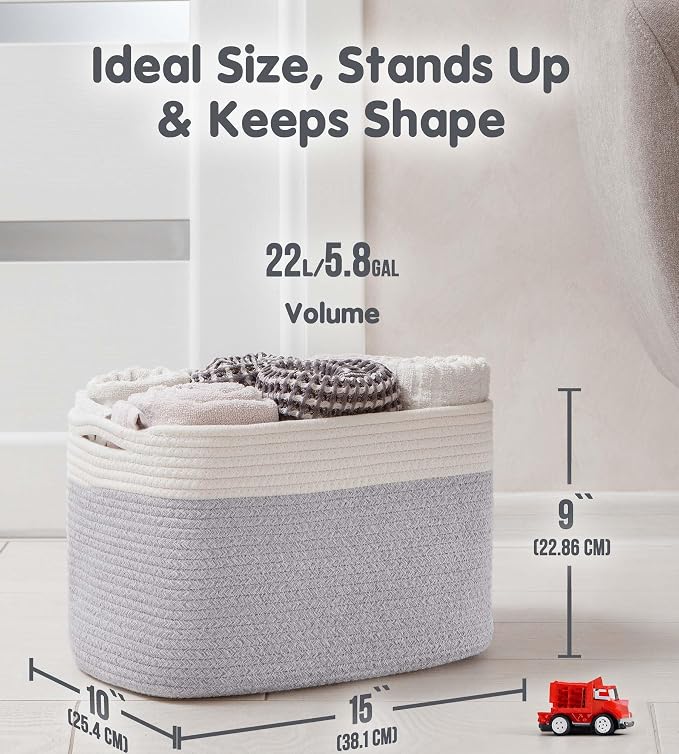 CHAT BLANC Cotton Rope Baskets for Organizing | Storage Baskets for Shelves | Rope Basket for Storage, Small Laundry Baskets, Woven Baskets for Storage, Dog Toy Bin, Baby Basket,Off White &Gray 3 Pack