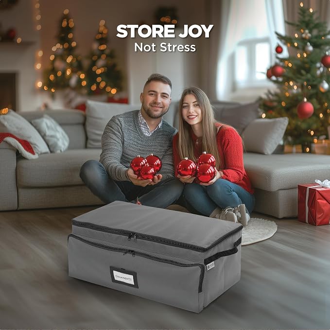 Premium Christmas Ornament Storage Box – Holds up to 72-3” Ornaments + 6 Side Slots for Figurines & Nutcrackers – Holiday Decoration Organizer – Durable 600D Grey Canvas