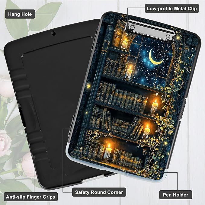 A4 Clipboard with Storage Pen Holder, Clipboards Organizer Nursing Clipboard Foldable File Folder Plastic Clipboard Folio Clip Board for Office Work Classroom Doctor, Vintage Candle Books