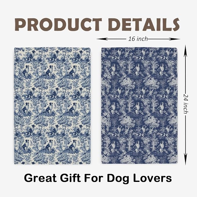 Australian Shepherd Kitchen Dish Towels Set of 2,Blue And White Floral Dog Towel Dish Tea Towels, Chinoiserie Decor For Kitchen Bathroom,Australian Shepherd Gifts For Dog Lover Mom Dad,16x24 Inch