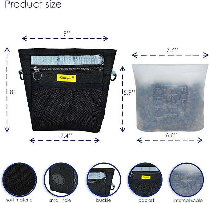 Raisingwell Dog Treat Pouch with Magnetic Closure 4-Cup Silicone Bag Fanny Pack Holder with Clicker 4 Ways to Wear Front Pocket Fits All Phones Ideal for Leash, Pet Walking and Training（Black）