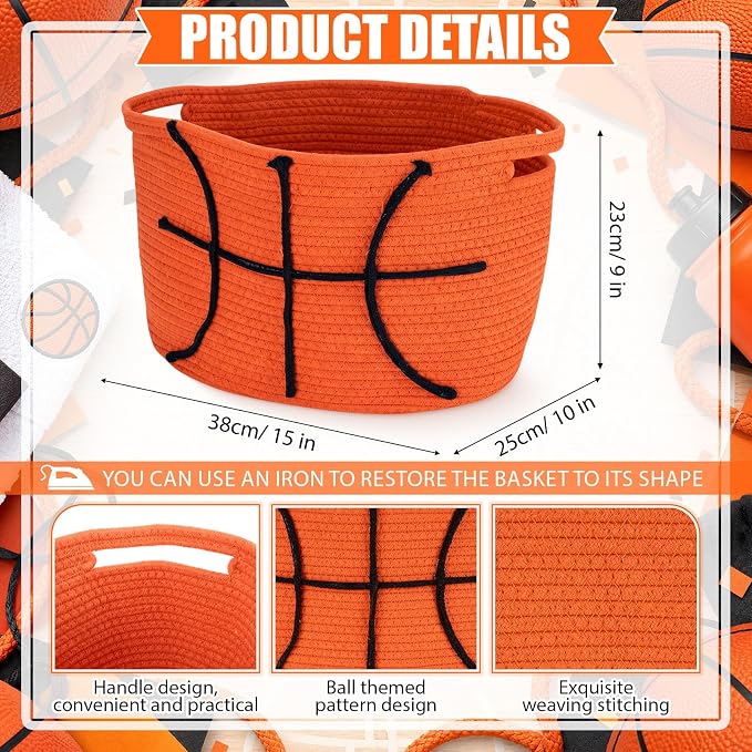 RattanView Basketball Cotton Rope Basket, Brown Woven Storage with White Stitch Pattern, 15 x 9 x 10 in, Empty Basketball Gift Organizer for Books, Room and Sports Decor