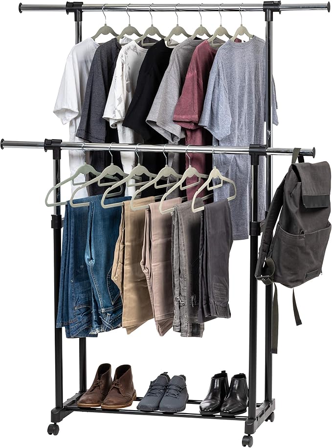 IRIS USA Portable Double-Rod Height Adjustable Clothes Rack with Extendable Bar and Lockable Wheels, Rolling Garment, Double Rod Wardrobe Rack, Easy Assemble, for Clothes, Belts, Shoes, and Bags | Adjustable hanging space for garments, accessories, and...