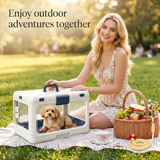 Foldable Hard Cat Carrier, Transparent Pet Crate for Cats & Small Dogs, Collapsible Travel Kennel with Ventilation & Urine Pad Mesh Grid, Portable Travel cage, Essential for pet Travel, Apricot