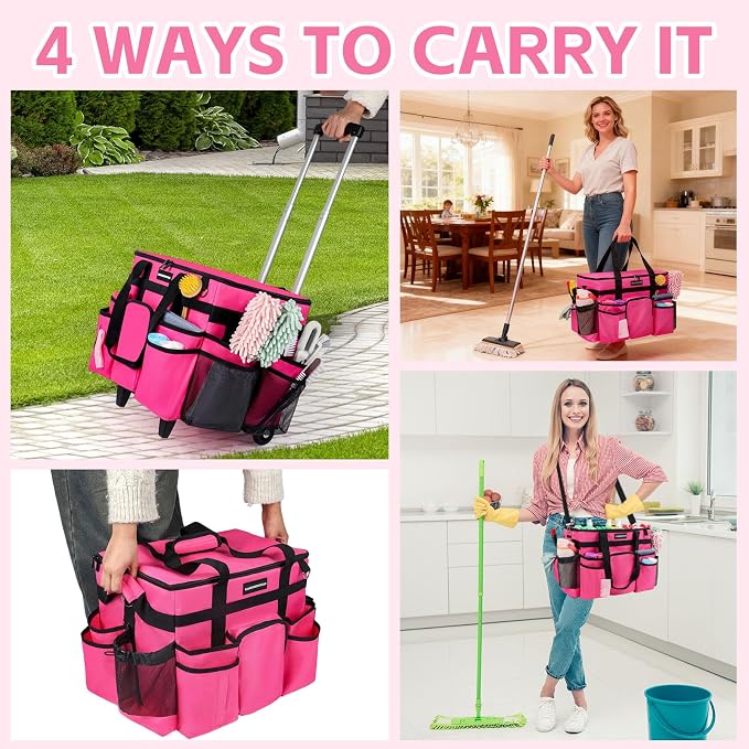 Large Rolling Cleaning Caddy Bag, Cleaning Caddy with Wheels with Detachable Trolley for Housekeepers, Water Resistant Cleaner Supplies Organizer with Wheels for Kitchen, Car, Picnic (Rose-Red)