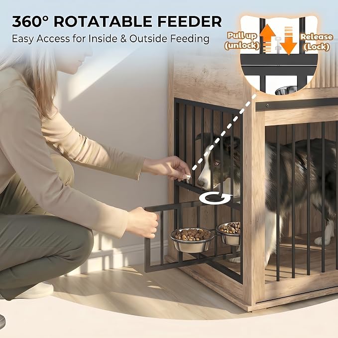 71'' Double Dog Crate Furniture, XXL Wooden Kennel with 360° Rotating Feeders, Removable Divider, Charging Station, TV Stand, Gray Oak