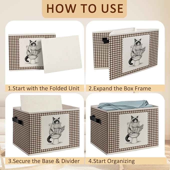 Funny Grumpy Cat Bathroom Foldable Storage Bins Box with Handles, Cat Lovers Gifts for Women Men, Boho Beige Gingham Kitty Decorative Storage Boxes Baskets Organizer for Washroom Bathroom